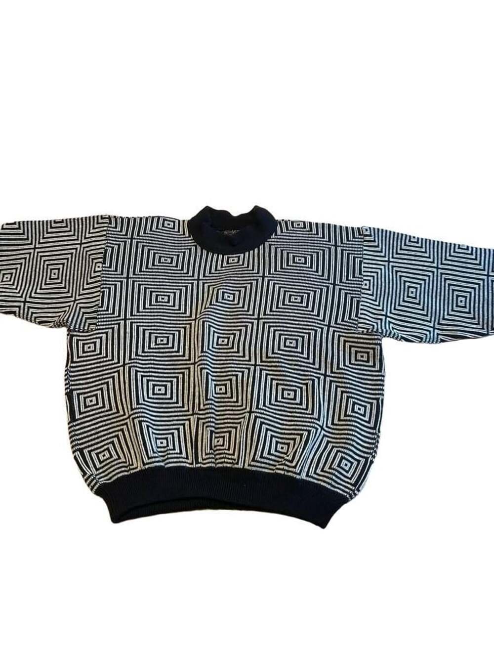 Vintage Coogi Australia Black and White Pure Wool Geometric Square Maze Mock Nec